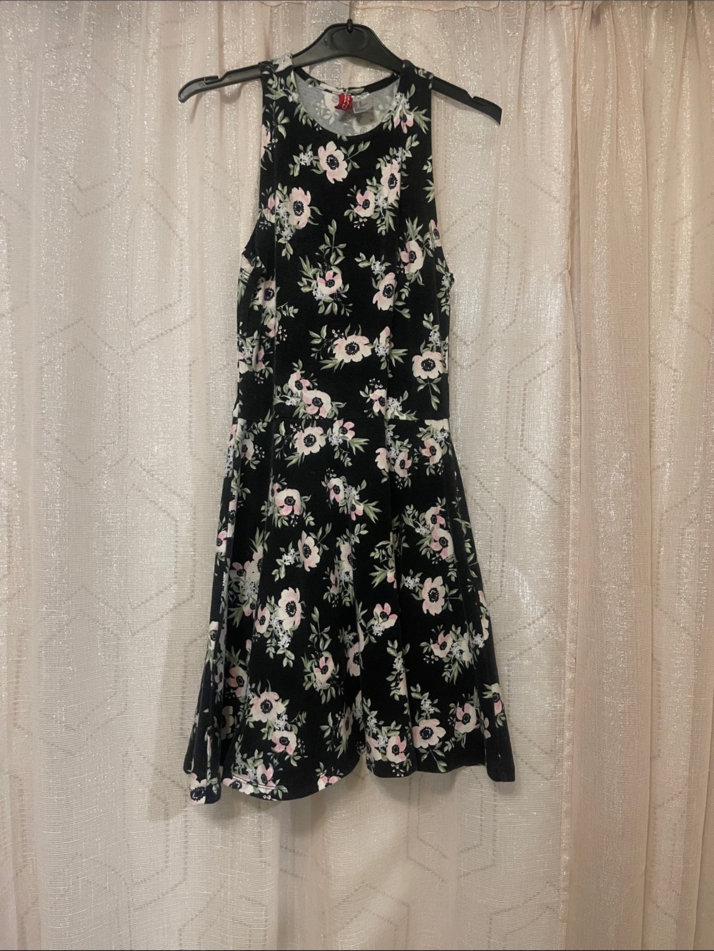 Girls' Black Floral Fit-and-Flare Dress with Pink Flowers